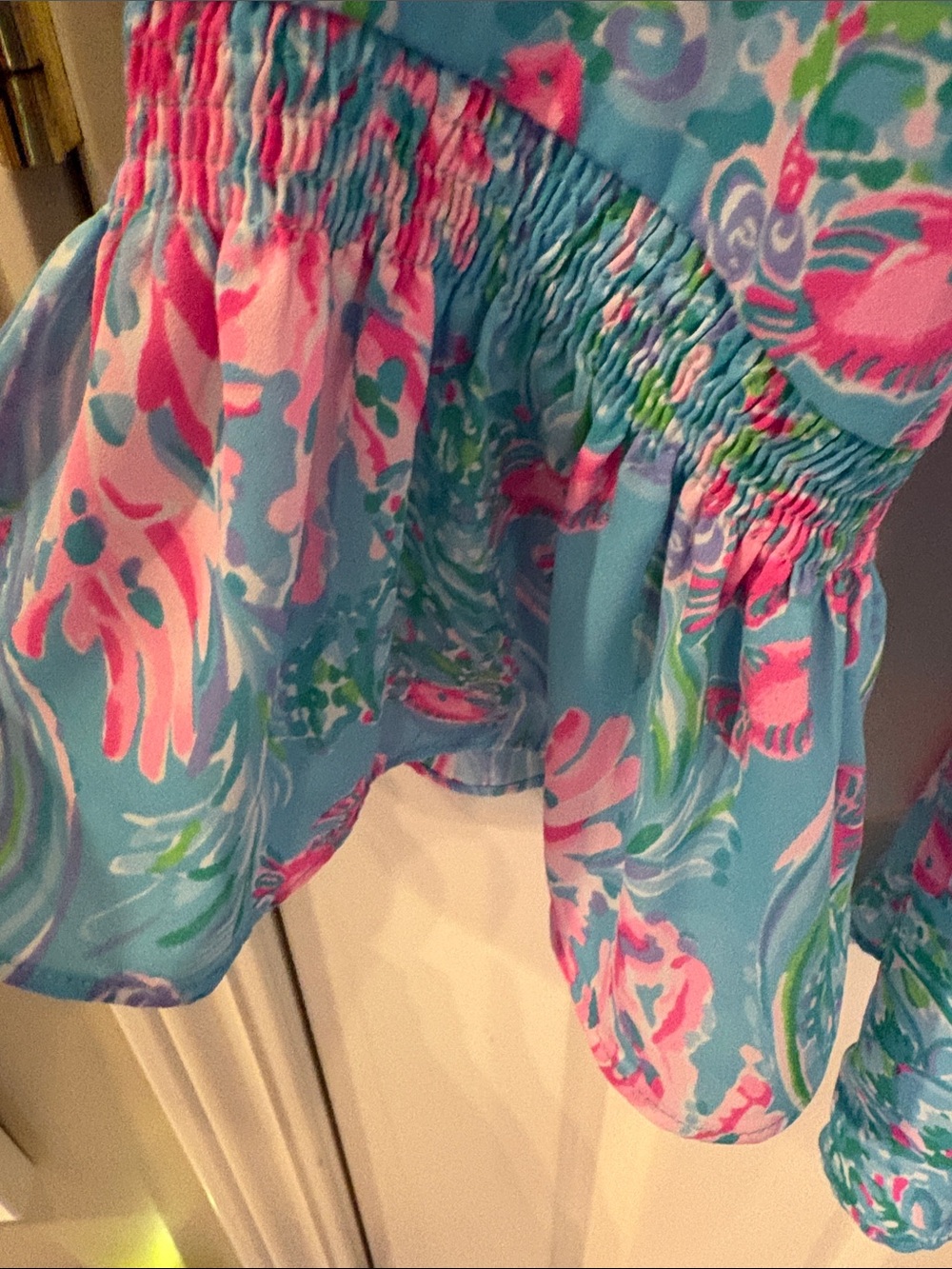 Lilly Pulitzer Turquoise Blue Pink Floral Peasant Blouse-large - Picture 3 of 5